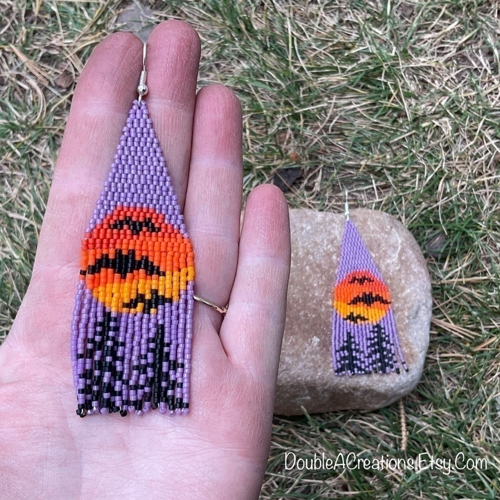 Bats in the Moon Beaded Earrings with Fringe, New, Handmade by Me - Picture 8 of 8